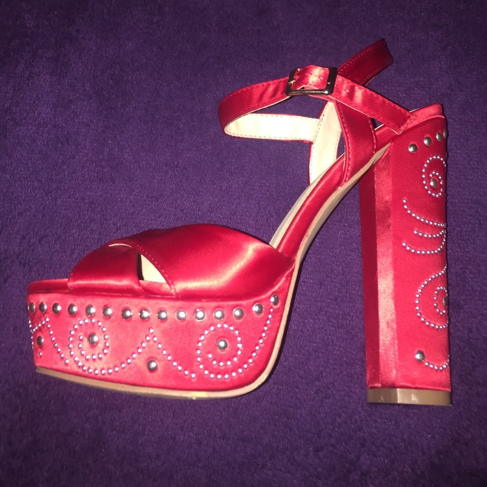Ruby Red Silky Studded Platform Strapped Heal